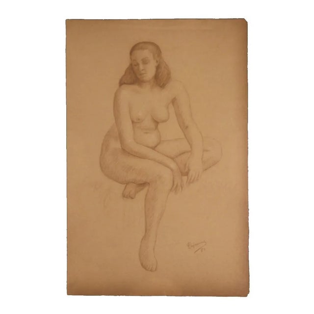 1950s Emile Lejeune "Seated Nude Woman" Naturalistic Study 1951 For Sale - Image 5 of 5