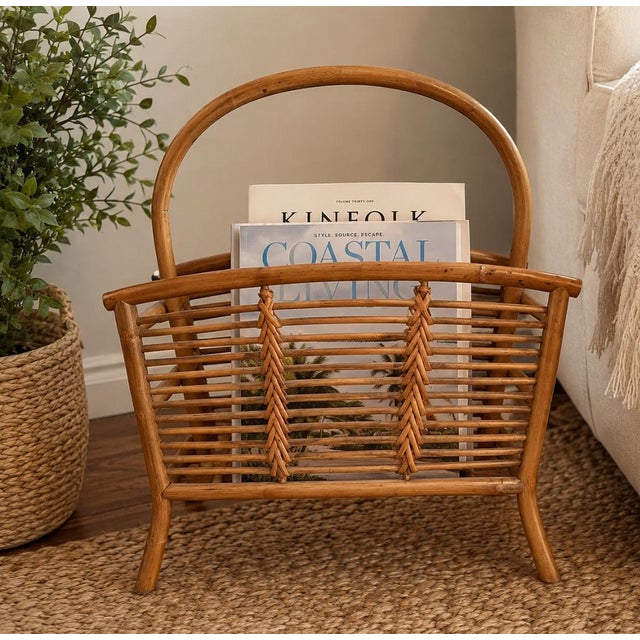Vintage Rattan & Bamboo Magazine Rack With Curved Handle For Sale - Image 15 of 15