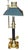 Elegant vintage Chapman bouillotte table lamp with polished brass frame, black accents, and classic black metal tole...