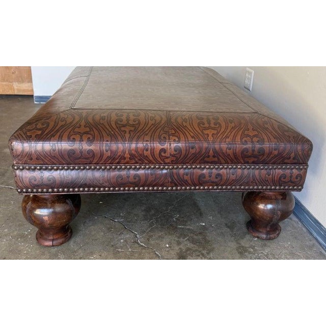 Spanish Colonial Style Embossed Leather Ottoman With Bun Feet For Sale - Image 4 of 12