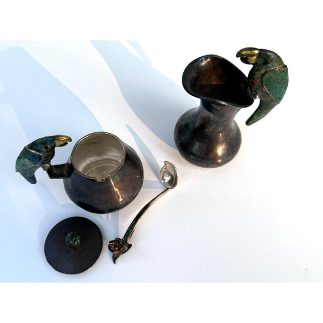 Metal Los Castillo Signed Mexican Silver Plate Cream & Sugar With Lapis Birds - A Pair For Sale - Image 7 of 12