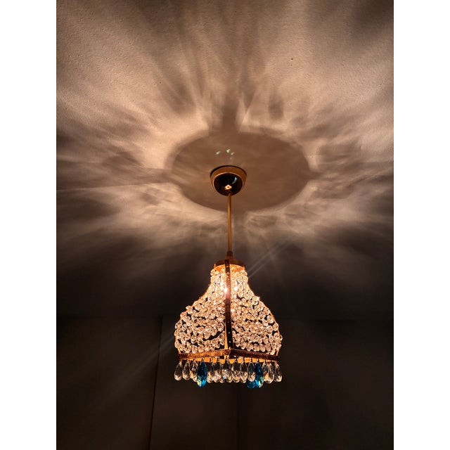 Vintage French Empire Brass & Crystal Pendant Light With Aqua Blue Drops - Restored For Sale - Image 10 of 17