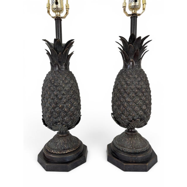 Maitland - Smith Pair of Vintage Bronze Pineapple Table Lamp in the Style of Maitland Smith For Sale - Image 4 of 12