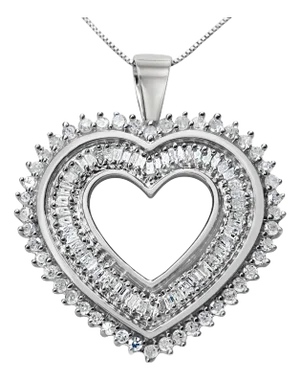 .925 Sterling Silver 1.0 Cttw Baguette and Round Diamond Heart Pendant 18" Necklace (H-I Color, I3 Clarity)