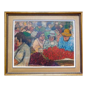 David Azuz, Shopping the Market Israeli Modernist Oil Pastel Painting