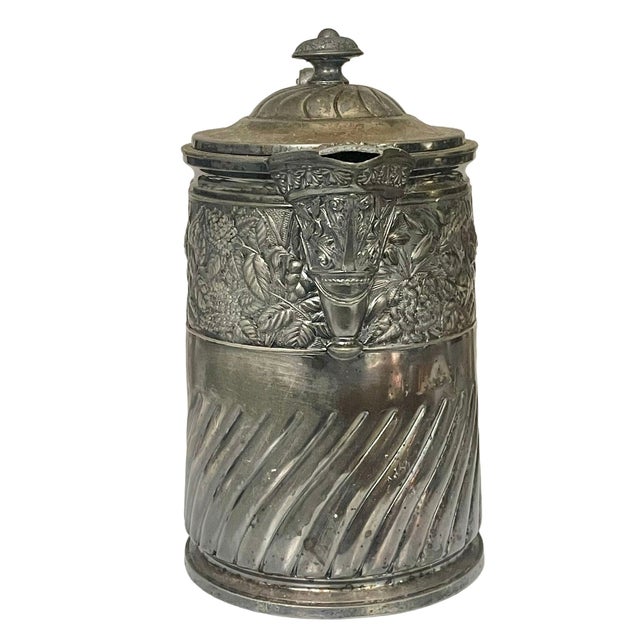 Meriden Silver Plate Co. Antique Meriden Silver-Plated Insulated Pitcher 12" – Quadruple Plate 1868 Ceramic Lined Victorian Carafe With Floral Details For Sale - Image 4 of 10