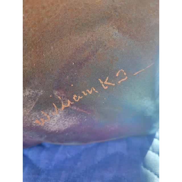 Vintage Large Floral Hibiscus Iridescent Raku Pottery Vase by William K Turner For Sale - Image 12 of 12