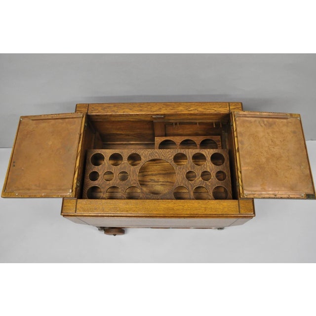 Early 20th Century Antique Arts & Crafts Oak Wood Rolling Bar Cart Liquor Cabinet by Lammert's For Sale - Image 5 of 18