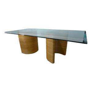 1960s Pencil Reed Dining Table Gabriella Crespi Style Curved Pedestal Glass Top Table