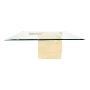Travertine Cube Base Square Glass Top Italian Mid-Century Modern Coffee Table