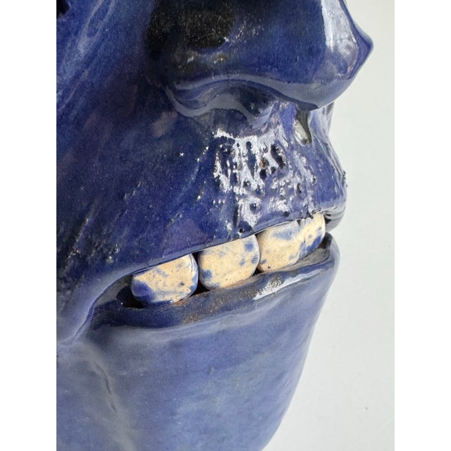 Vintage Georgia Folk Pottery Face Jug by Dal Burtchaell – Blue Glaze Sculptural Pitcher – Southern Folk Art For Sale - Image 10 of 12