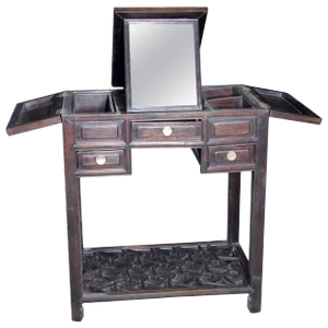 Chinese Vintage Dark Lacquered Wood Dressing Table With Mirror and Drawers