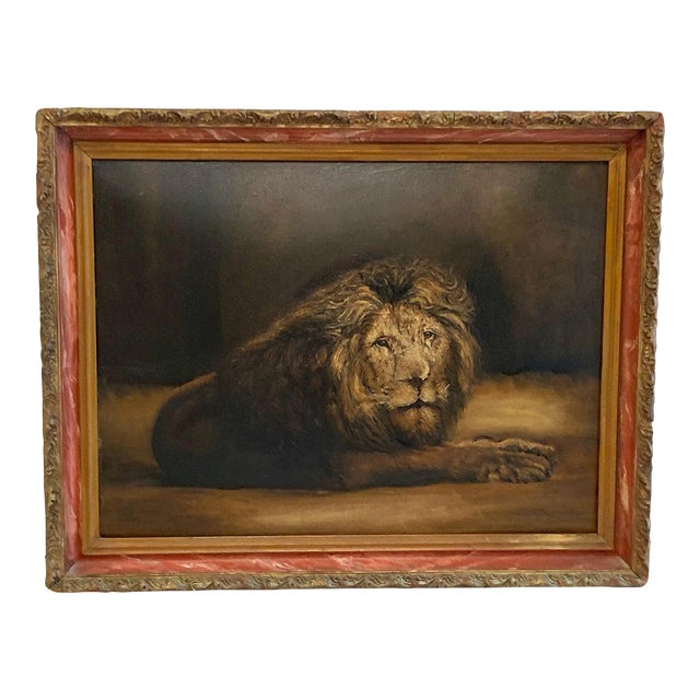 Antique Lion Oil Painting on Academy Board, C. 1900 For Sale