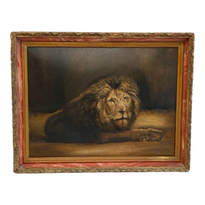 Antique Lion Oil Painting on Academy Board, C. 1900