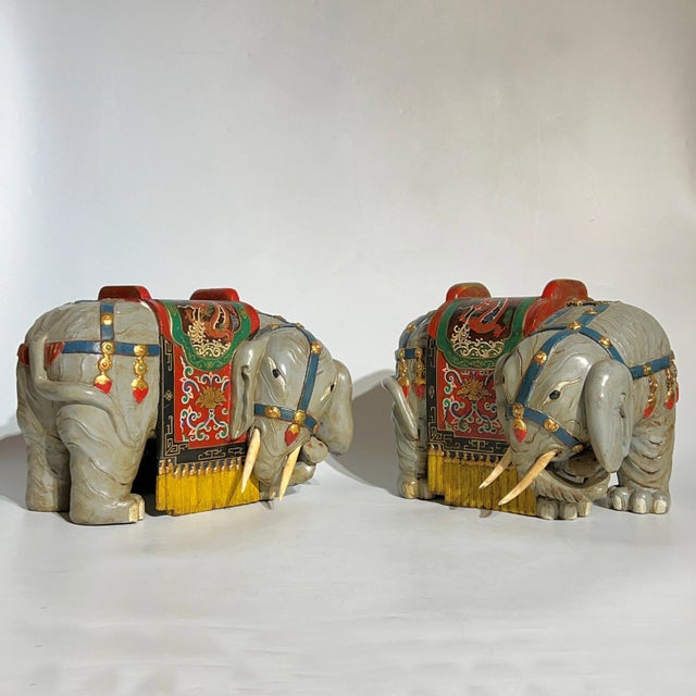 Vintage Oriental Polychrome Wooden Elephant Figures - A Pair For Sale - Image 4 of 12