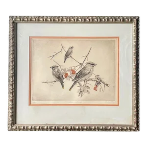 Vintage Linda Lloyd “Cedar Waxwings” Etching Print of Birds, Signed & Framed
