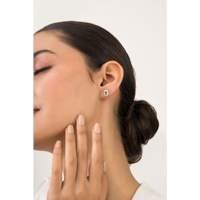 Not Yet Made - Made To Order Estate Natural Octagon Emerald & Diamond Halo Earrings in 14k White Gold- 2 Pieces For Sale - Image 5 of 13