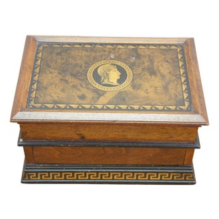Antique Victorian Oak Grand Tour Box Neoclassical Inlay Greek Key Vanity Drawer For Sale