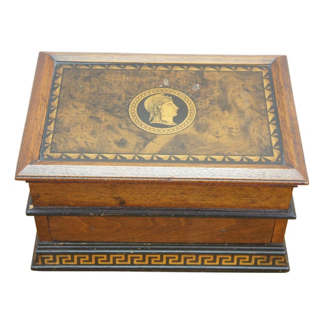 Antique Victorian Oak Grand Tour Box Neoclassical Inlay Greek Key Vanity Drawer For Sale