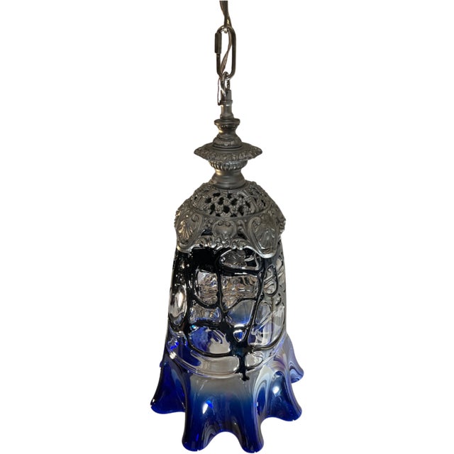 Vintage Fazzoletto Cobalt Blue Black Fenestrated Art Glass Pendant Light For Sale - Image 9 of 18