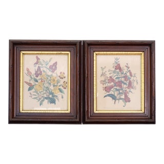 Antique Victorian Walnut Carved Framed Botanical Lithographs For Sale
