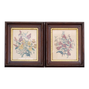 Antique Victorian Walnut Carved Framed Botanical Lithographs