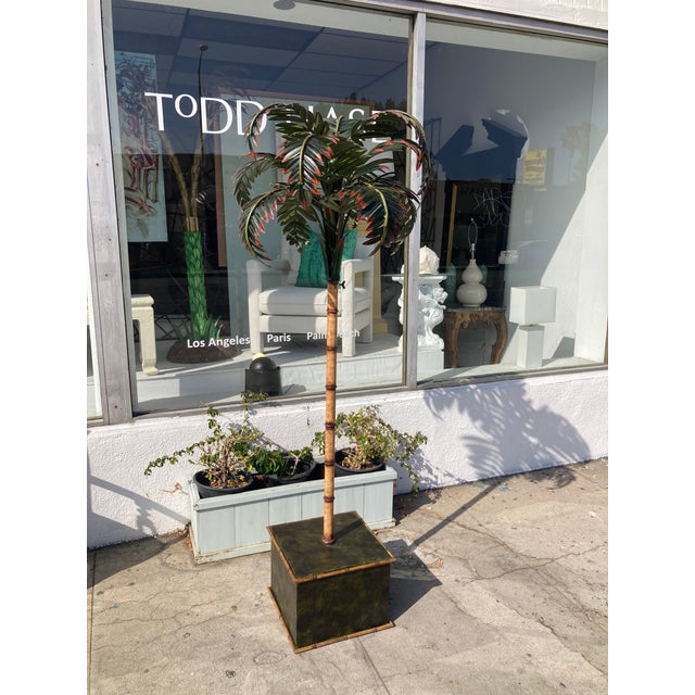1950s Jansen French Tole Life Size Palm Tree Mounted in Tole Planter Hand Painted For Sale - Image 5 of 11