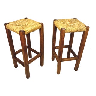 Wood and Straw Bar Stools, Italy, 1980s, Set of 2 For Sale