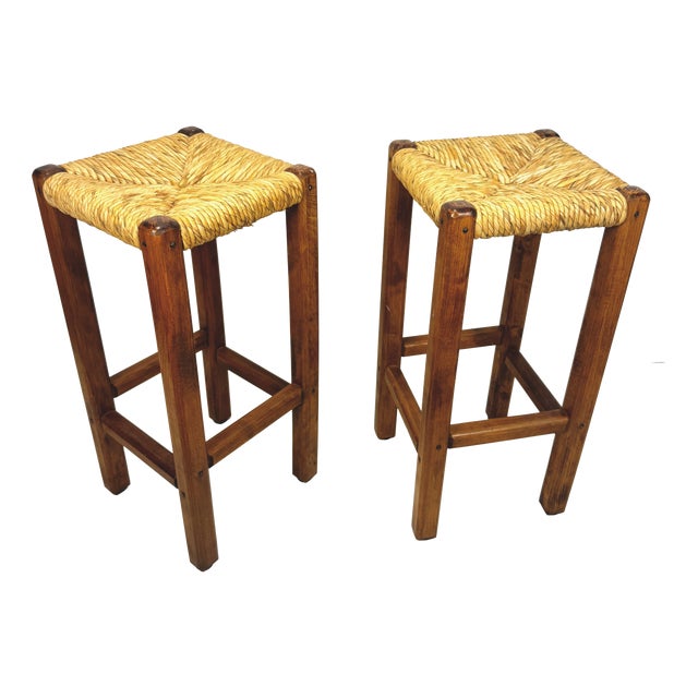 Wood and Straw Bar Stools, Italy, 1980s, Set of 2 For Sale