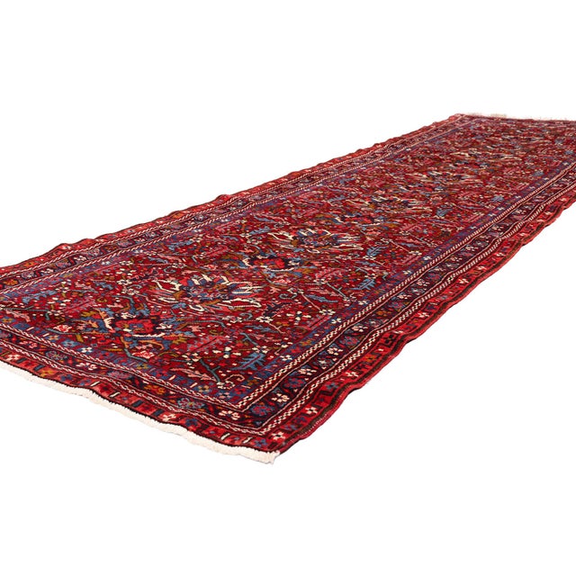 90045 Antique Persian Heriz Rug Runner, 03'03 x 11'01. The Crimson Sovereign: An Antique Persian Heriz Masterpiece of...