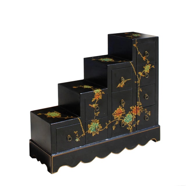 Oriental Black Color Vinyl Flower Birds Step Tansu Cabinet For Sale - Image 4 of 8