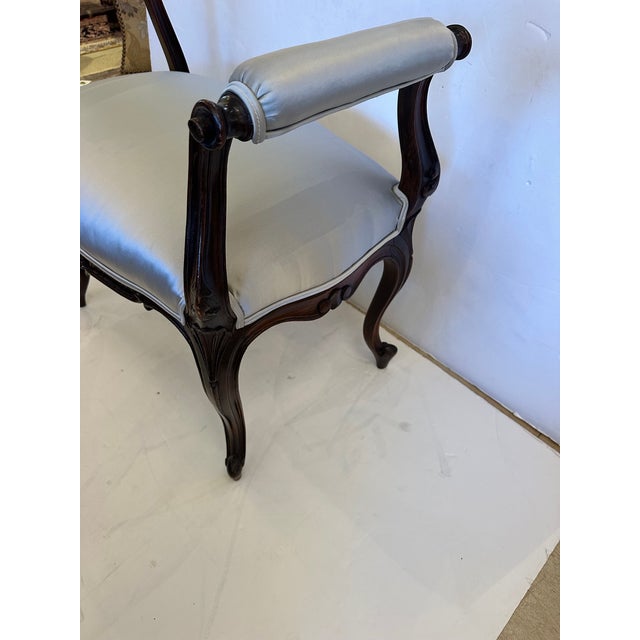 Carved Mahogany Bench With Grey Silk Upholstery For Sale - Image 9 of 11