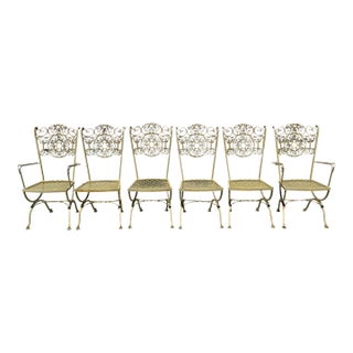 Vintage Woodard Andalusian Wrought Iron Patio Dining Chairs - Set of 6 For Sale
