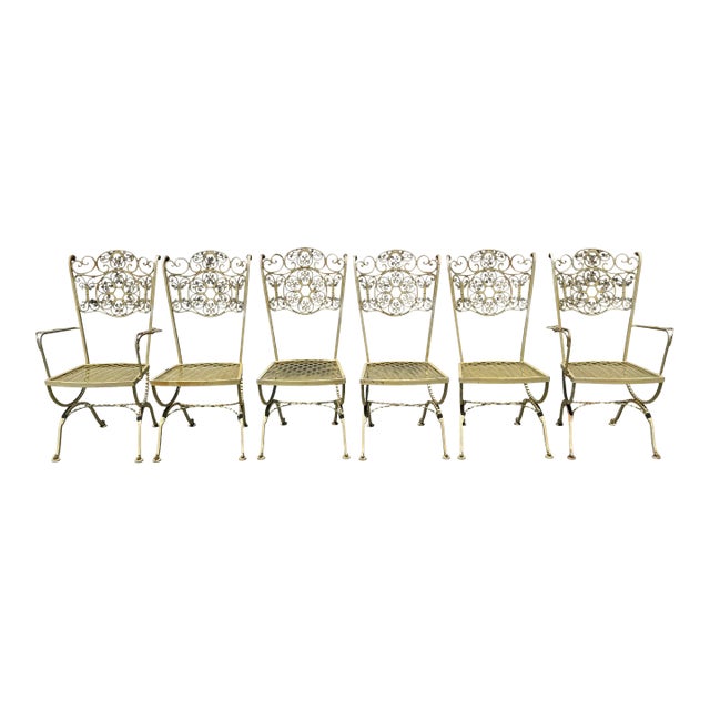 Vintage Woodard Andalusian Wrought Iron Patio Dining Chairs - Set of 6 For Sale