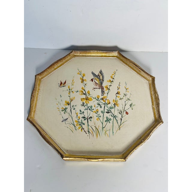 Beautiful Handpainted Florentine Italy wooden tray with handpainted Floweers, bird and butterfly.