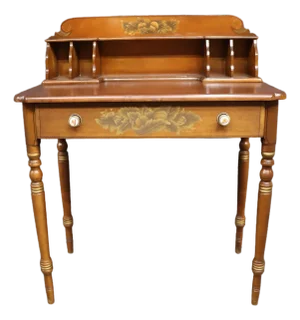 Mid-Century Hitchcock Style Cherry Writing Desk With Stenciled Fruit Decoration
