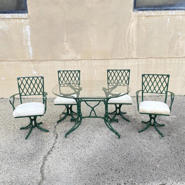 Vintage Hollywood Regency Faux Bamboo Lattice Metal Green Dining Set - 5 Pc Set. Set includes (2) Armchairs, (2) armless...