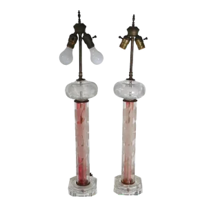 Tall Pr. Etched Glass Art Deco Mid Century Table Lamps After Dorothy Thorpe