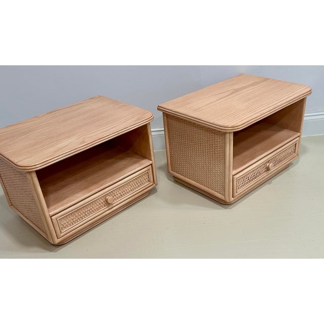 Signed Pair of Roche Bobois Nightstands by Maugrion – French Oak & Cane, Circa 1980 For Sale - Image 9 of 10