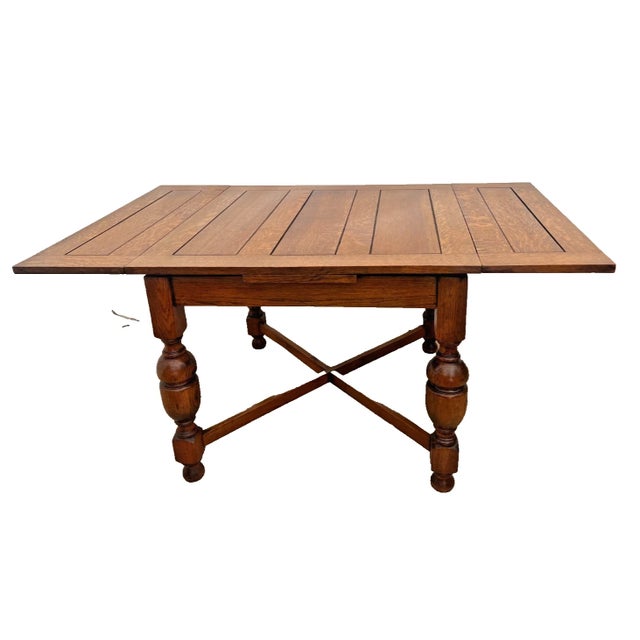 Early 20th Century English Tudor Expansion Table Turned Baluster Legs Quarter Sawn Oak, X-Stretcher For Sale - Image 9 of 14