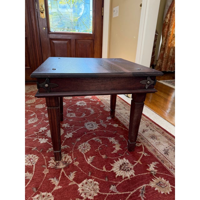 Late 20th Century Rustic Dark Wooden Side Table With Spanish Style Metal Corner Brackets For Sale In New York - Image 6 of 7