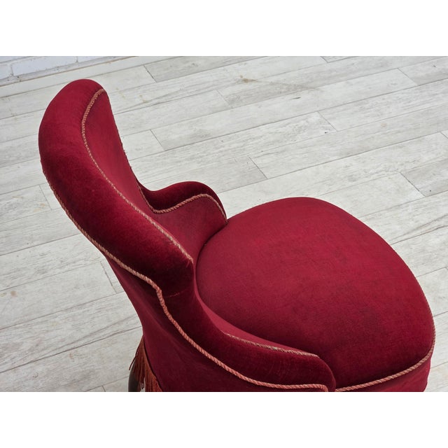 Danish Cocktail Lounge Chair in Cherry-Red Furniture Velour, 1950s For Sale - Image 10 of 17