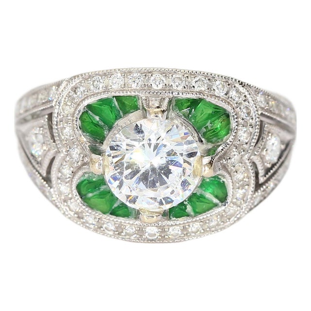 18k White Gold Antique Semi-Mount Ring Cz Center, Green Stone Accents & Filigree, Size 5.5 For Sale