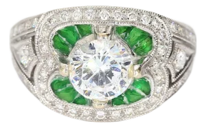18k White Gold Antique Semi-Mount Ring Cz Center, Green Stone Accents & Filigree, Size 5.5