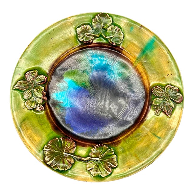 Early 21st Century Studio Pottery Sage Leaves Majolica Decorative Plate Green & Blue For Sale