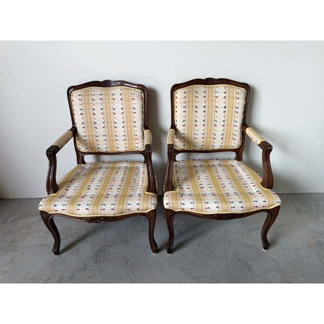 Vintage Louis XV Style French Provincial Walnut Upholstered Armchairs - A Pair For Sale - Image 9 of 17