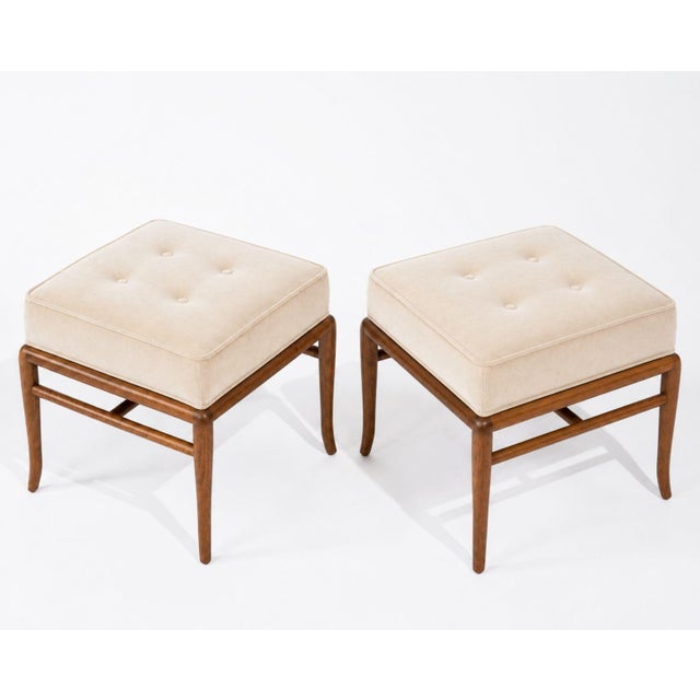 Mid-Century Modern Set of Stools by t.h. Robsjohn-Gibbings in Walnut and Velvet, C. 1950s For Sale - Image 3 of 6