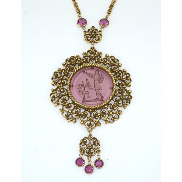 Goldette Amethyst Glass Intaglio Pendant Necklace, 1960's For Sale - Image 4 of 12