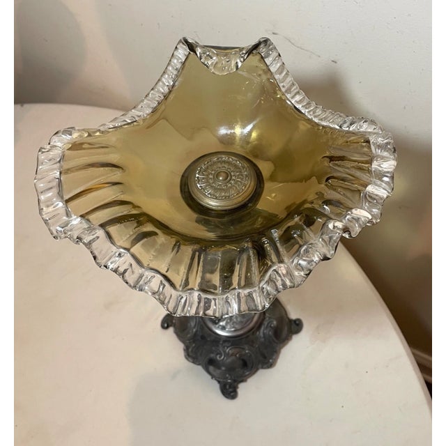 Antique Ornate Silverplate Cherub Figural Blown Glass Centerpiece Tazza Compote For Sale - Image 10 of 12
