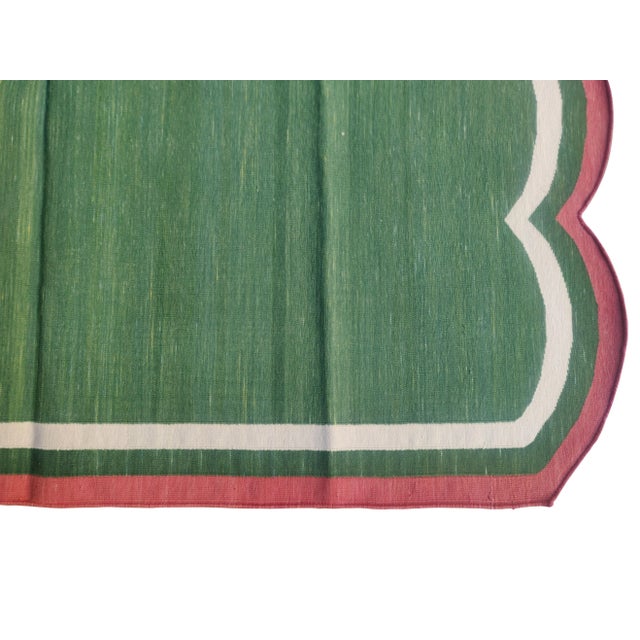 Handmade Cotton Scalloped Rug, Green with Cream and Raspberry Border - 6'x9' For Sale - Image 6 of 9